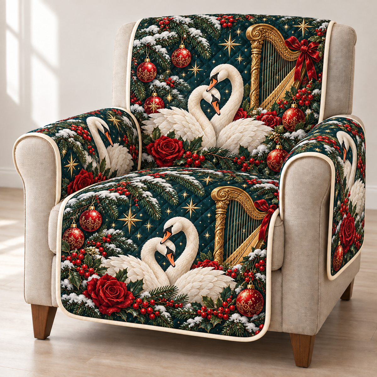 Swan Rose Harp printed Christmas quilted sofa cover; design mockup showing a flat printed depth effect.