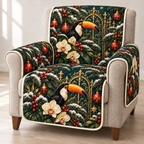Toucan Orchid Gate printed Christmas quilted sofa cover; design mockup showing a flat printed depth effect.