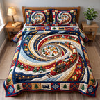 Christmas Train Vortex quilted 3-piece bedding set on a made bed in a winter-styled bedroom