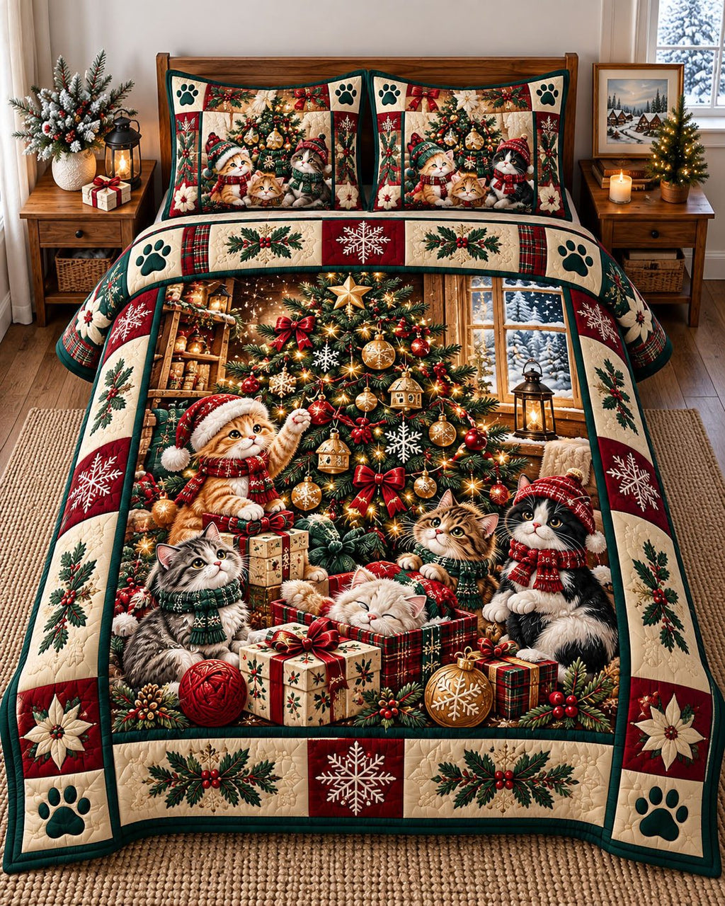 Christmas Tree Cats Library quilted 3-piece bedding set on a made bed in a winter-styled bedroom
