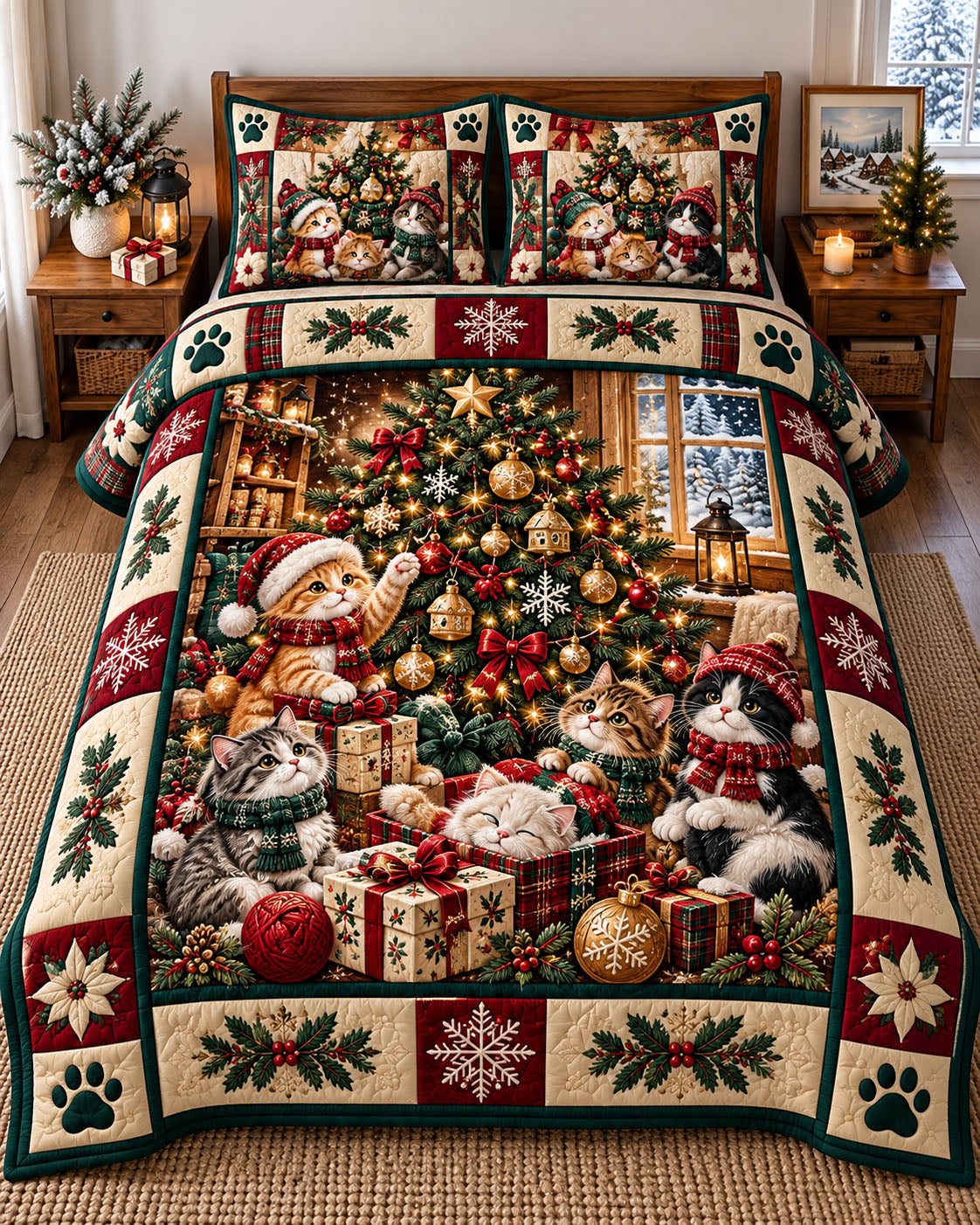 Christmas Tree Cats Library quilted 3-piece bedding set on a made bed in a winter-styled bedroom