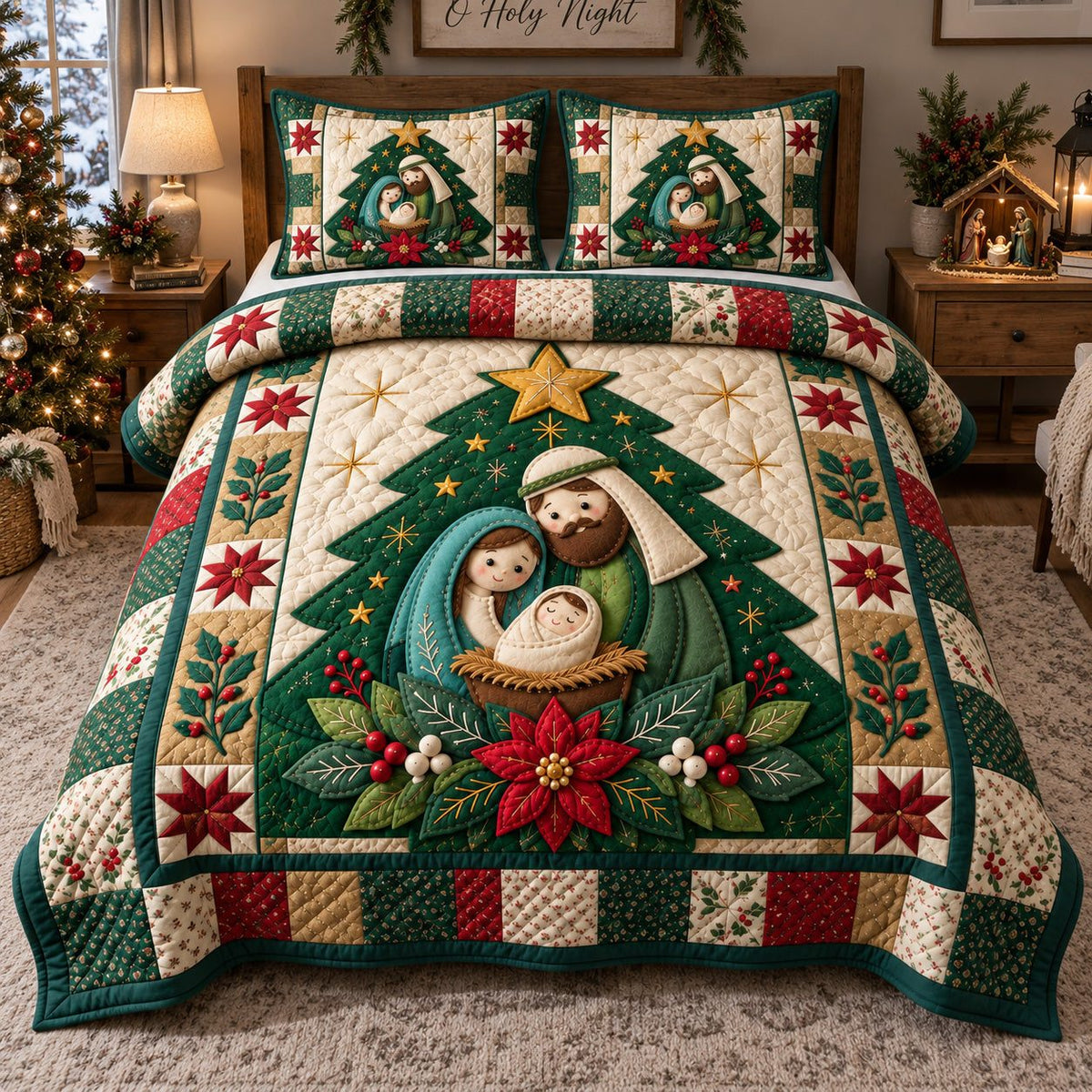 Christmas Tree Nativity quilted 3-piece bedding set on a made bed in a winter-styled bedroom