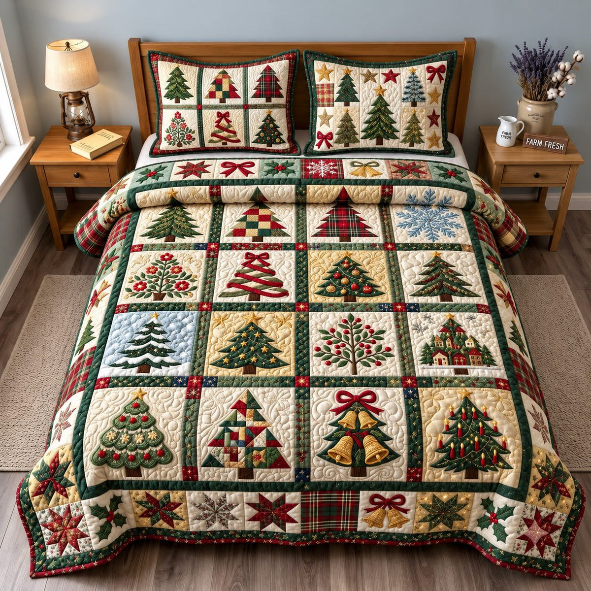 Christmas Tree Patchwork quilted 3-piece bedding set on a made bed in a winter-styled bedroom