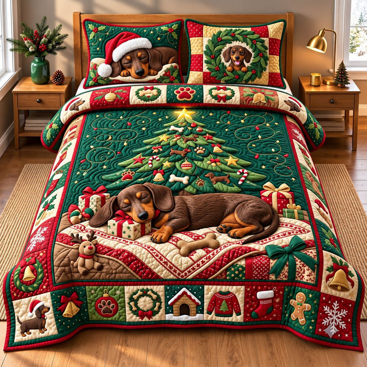 Christmas Tree Sleeping Weenie quilted 3-piece bedding set on a made bed in a winter-styled bedroom