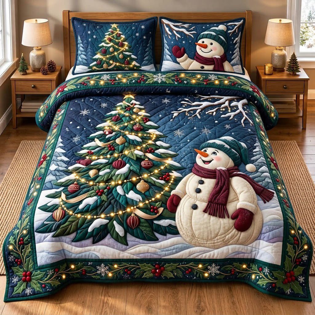 Christmas Tree Snowman quilted 3-piece bedding set on a made bed in a winter-styled bedroom