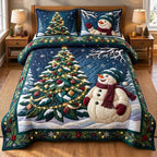 Christmas Tree Snowman quilted 3-piece bedding set on a made bed in a winter-styled bedroom