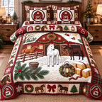 Christmas Trio Horses quilted 3-piece bedding set on a made bed in a winter-styled bedroom