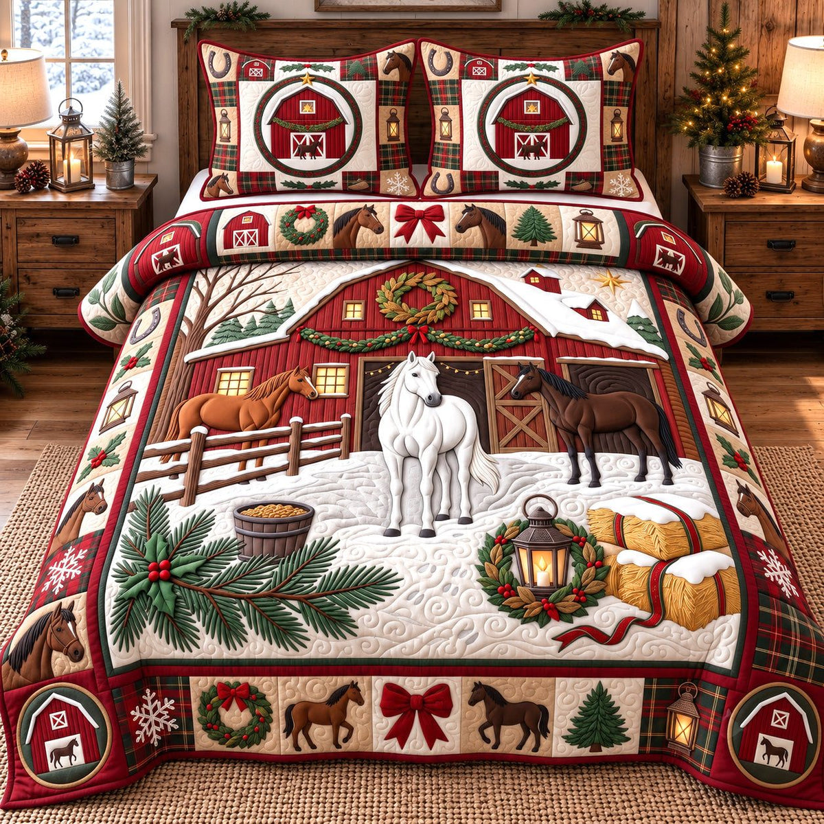 Christmas Trio Horses quilted 3-piece bedding set on a made bed in a winter-styled bedroom