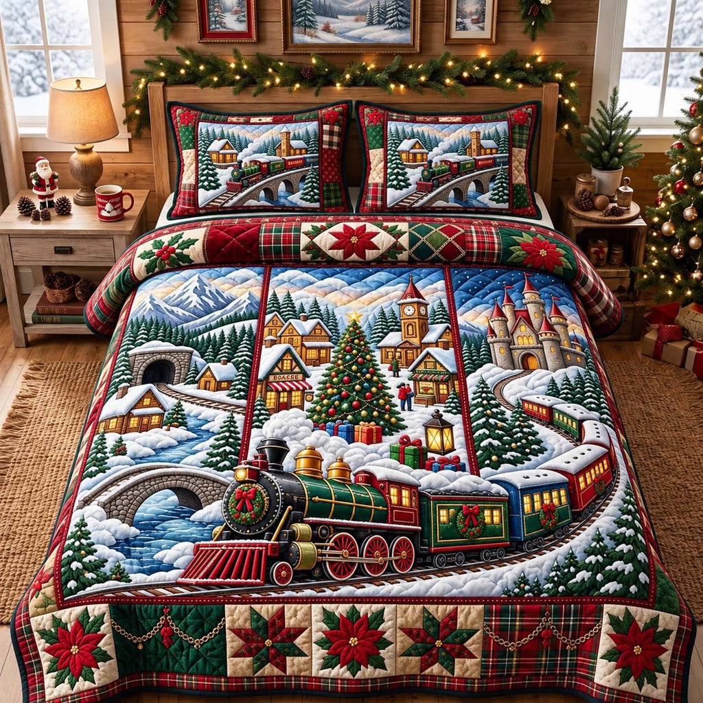 Christmas Valley Express quilted 3-piece bedding set on a made bed in a winter-styled bedroom