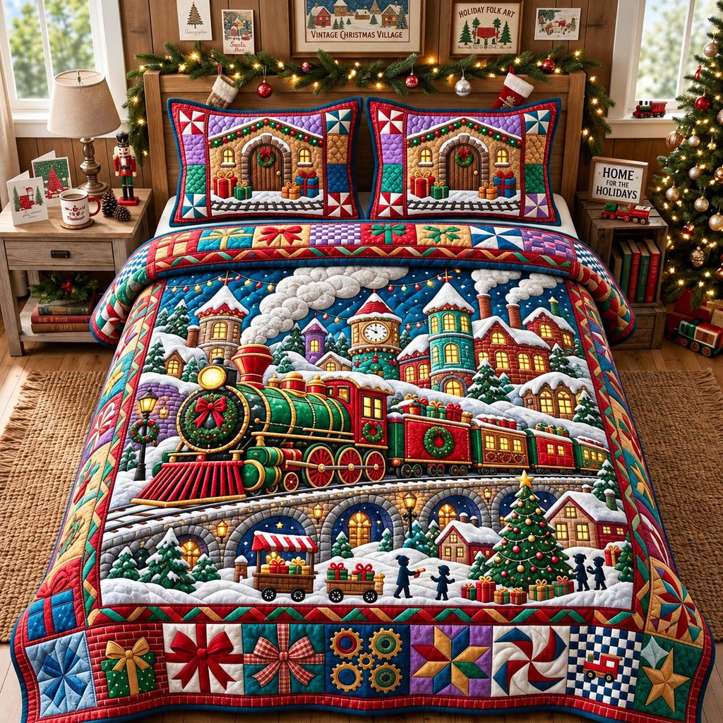Christmas Village Express quilted 3-piece bedding set on a made bed in a winter-styled bedroom