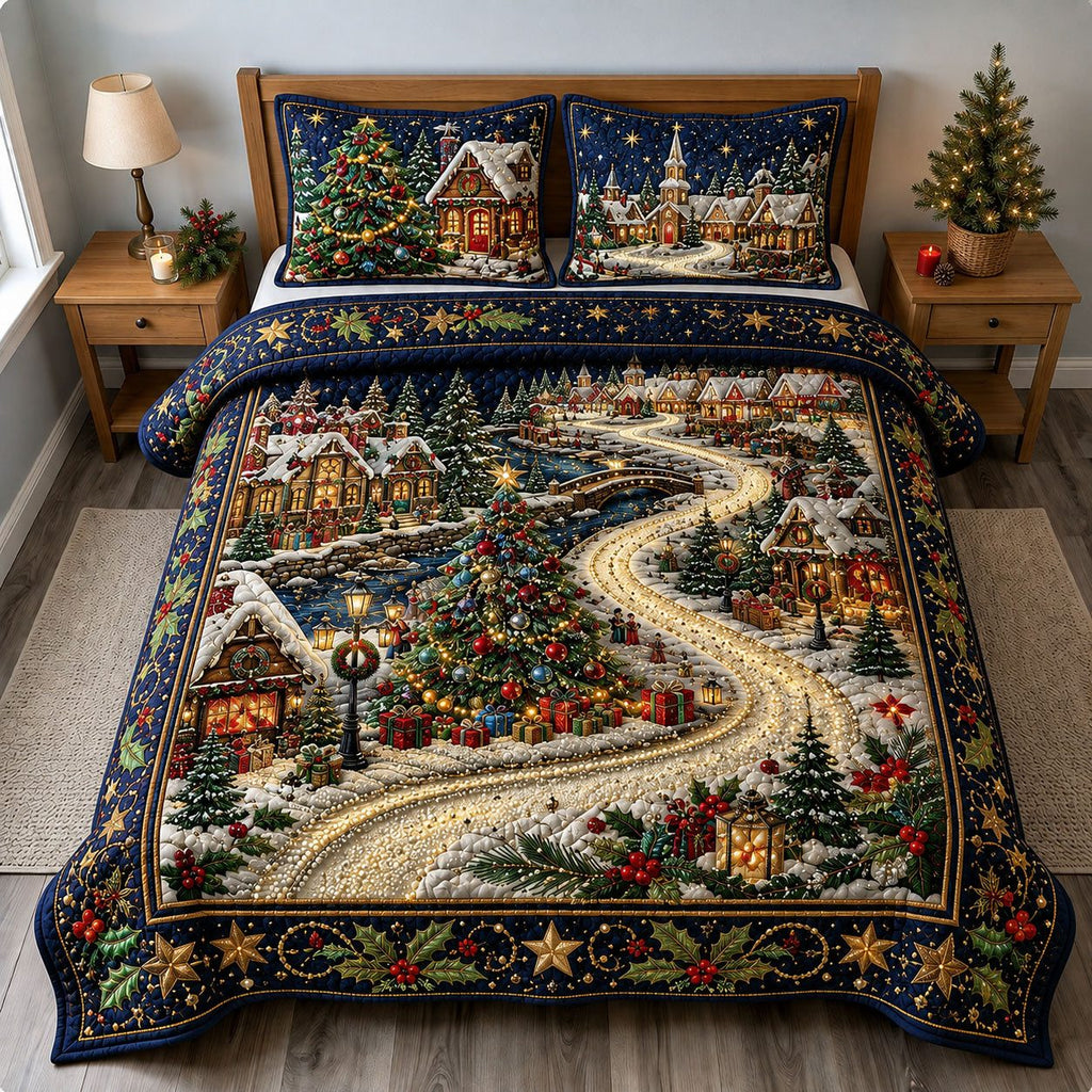 Christmas Village Lights quilted 3-piece bedding set on a made bed in a winter-styled bedroom