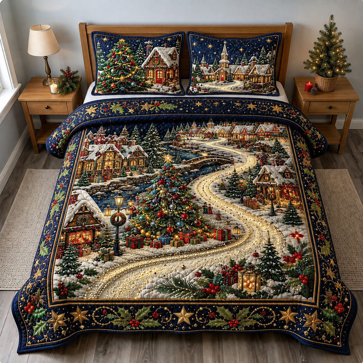 Christmas Village Lights quilted 3-piece bedding set on a made bed in a winter-styled bedroom