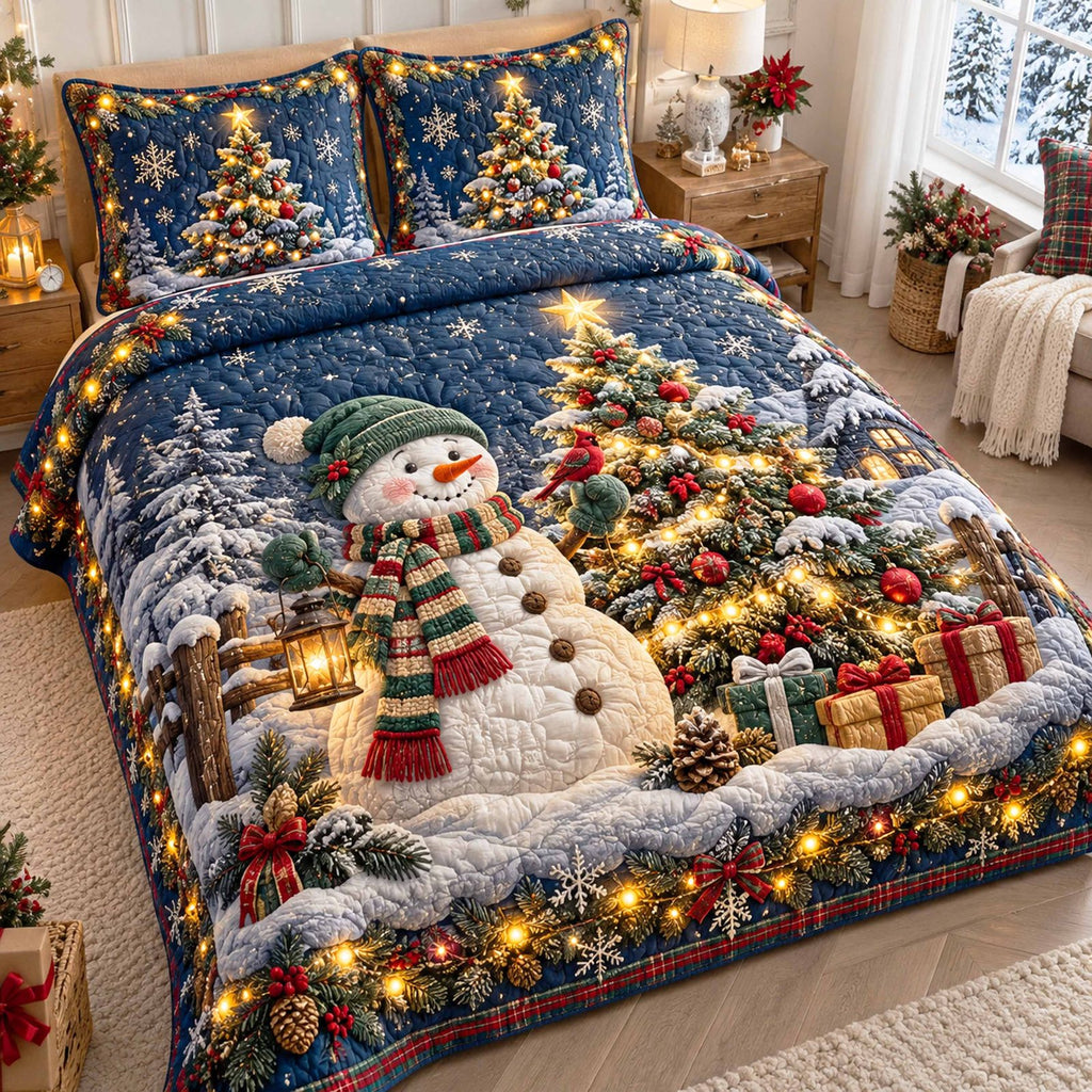 Christmas Village Wonderland quilted 3-piece bedding set on a made bed in a winter-styled bedroom