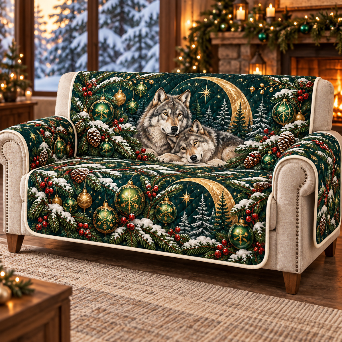Wolf Emerald Moon Long printed Christmas quilted sofa cover; design mockup showing a flat printed depth effect.