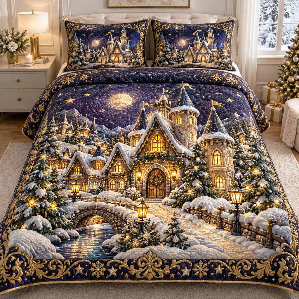 Christmas Wonderland quilted 3-piece bedding set on a made bed in a winter-styled bedroom