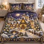 Christmas Wonderland quilted 3-piece bedding set on a made bed in a winter-styled bedroom