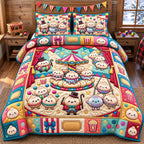 Circus Carousel Dumplings quilted 3-piece bedding set on a made bed with two matching pillow shams
