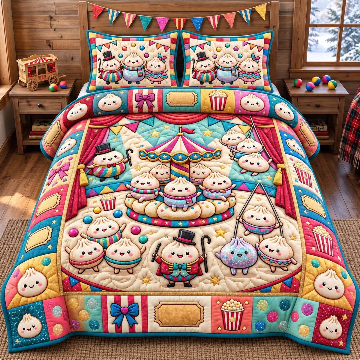 Circus Carousel Dumplings quilted 3-piece bedding set on a made bed with two matching pillow shams