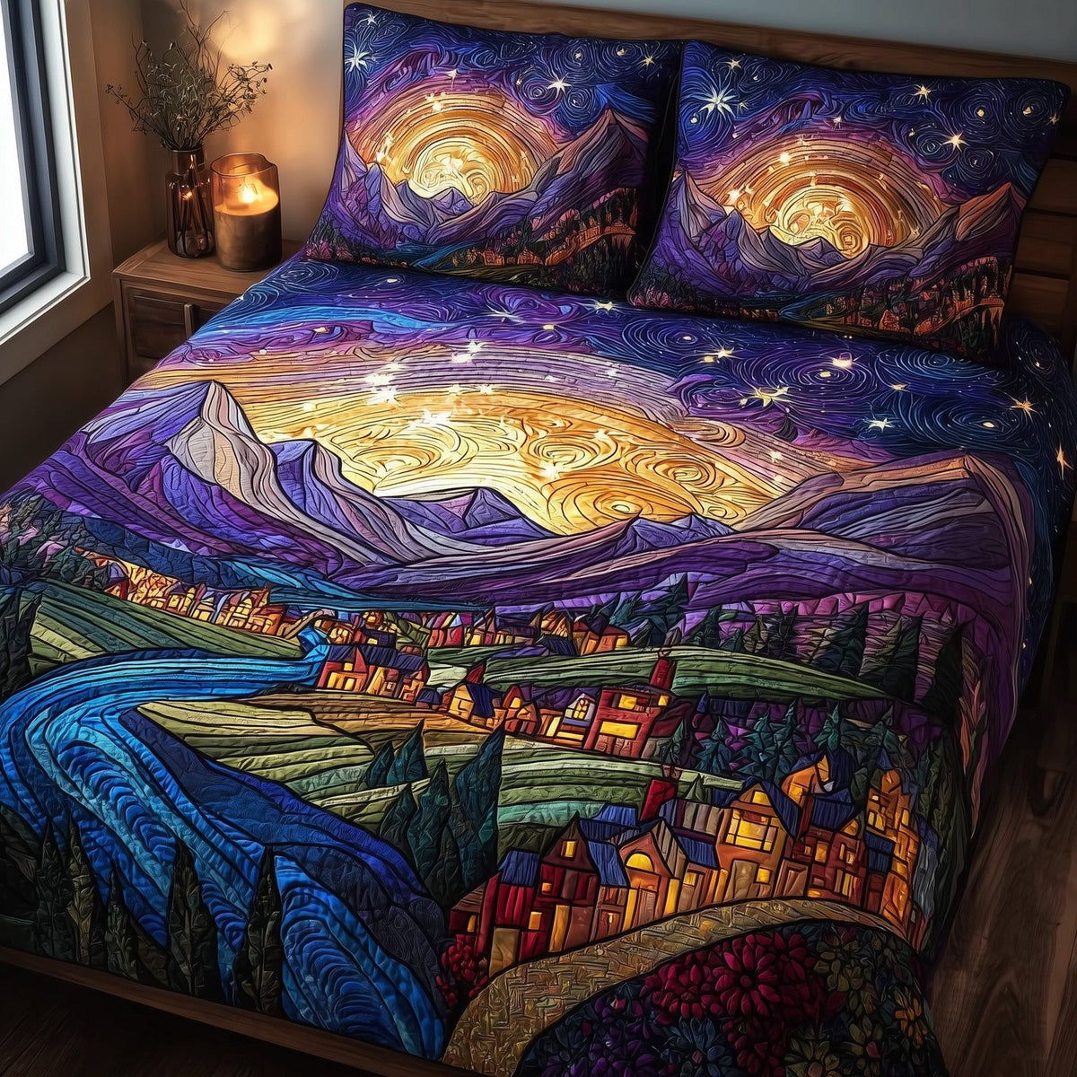 City of Starlight 3-Piece Quilted Bedding Set GFTOTL3930 quilted 3-piece bedding set on a made bed with two matching pillow shams