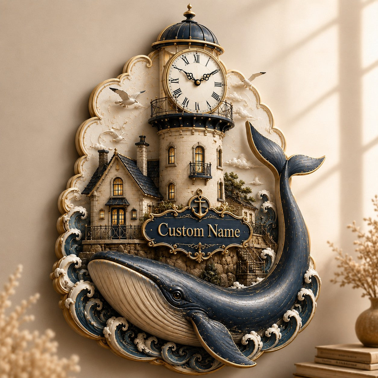 Lighthouse whale Custom Name Wall Clock — personalized with a custom name