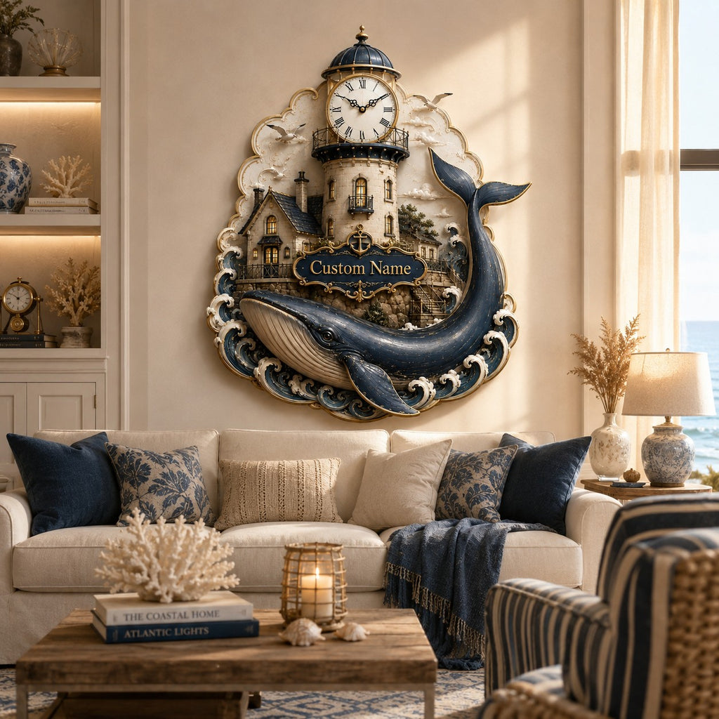 Lighthouse whale Custom Name Wall Clock — personalized with a custom name