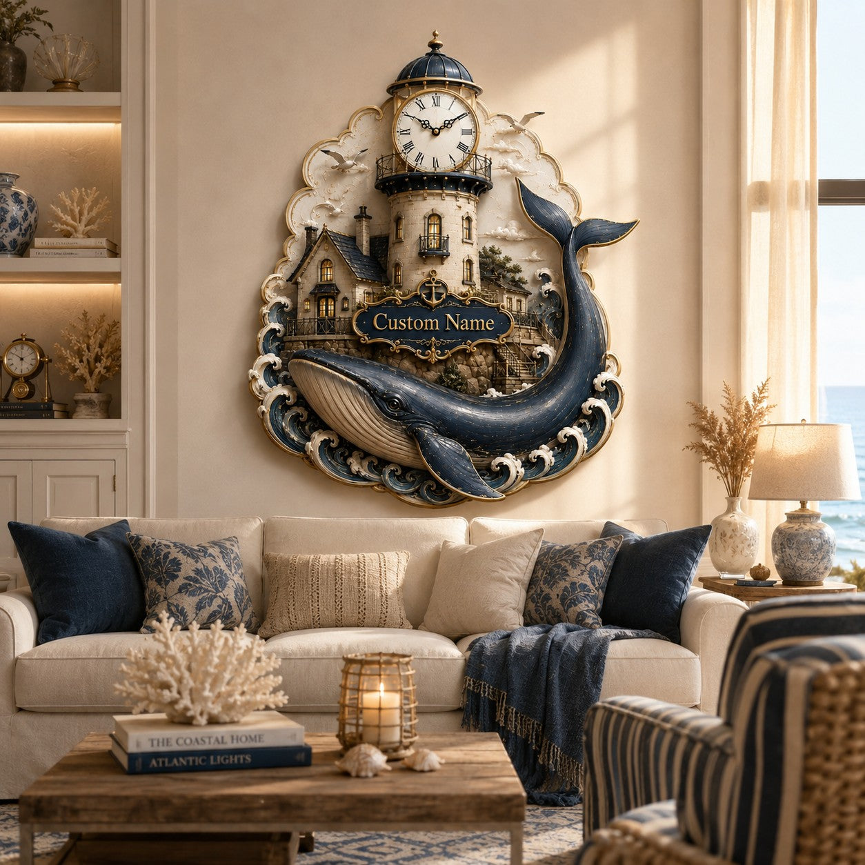 Lighthouse whale Custom Name Wall Clock — personalized with a custom name