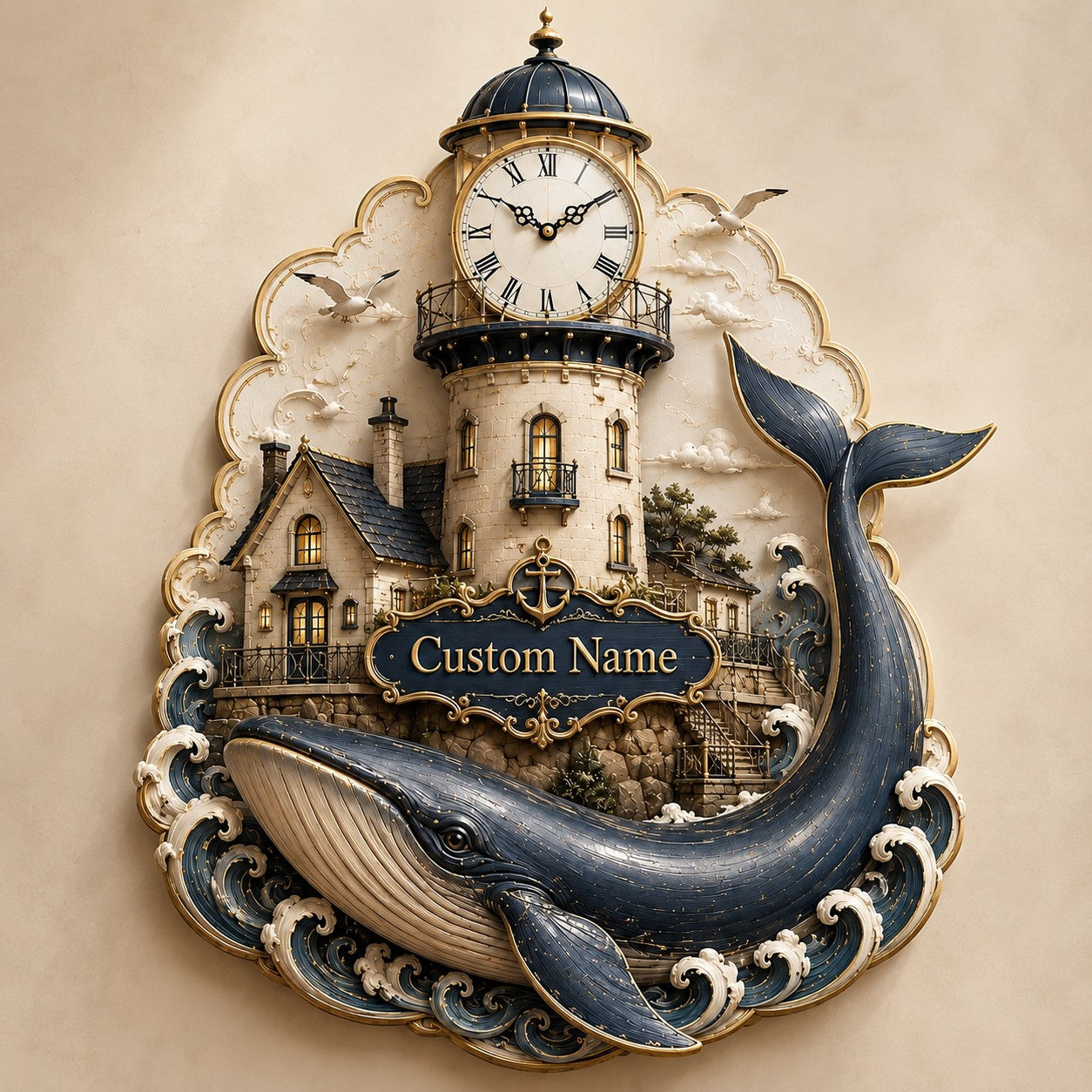 Lighthouse whale Custom Name Wall Clock — personalized with a custom name