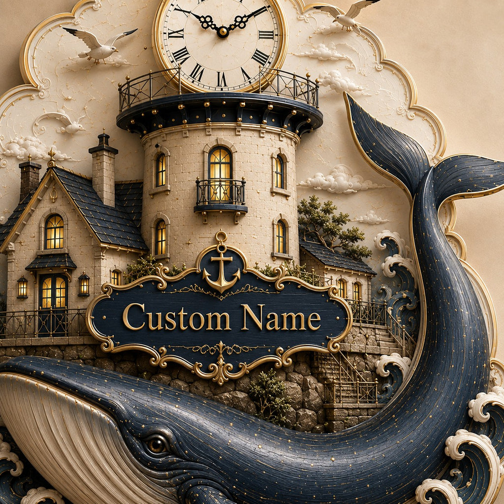 Lighthouse whale Custom Name Wall Clock — personalized with a custom name