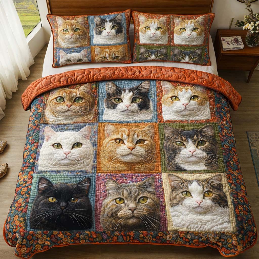 Classic Cats 3-Piece Quilted Bedding Set GFTOQM2606 quilted 3-piece bedding set on a made bed in a farmhouse bedroom