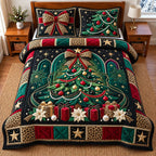 Classic Christmas Tree quilted 3-piece bedding set on a made bed in a winter-styled bedroom