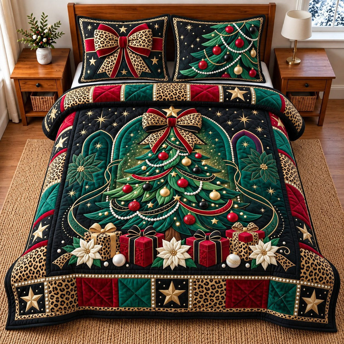 Classic Christmas Tree quilted 3-piece bedding set on a made bed in a winter-styled bedroom