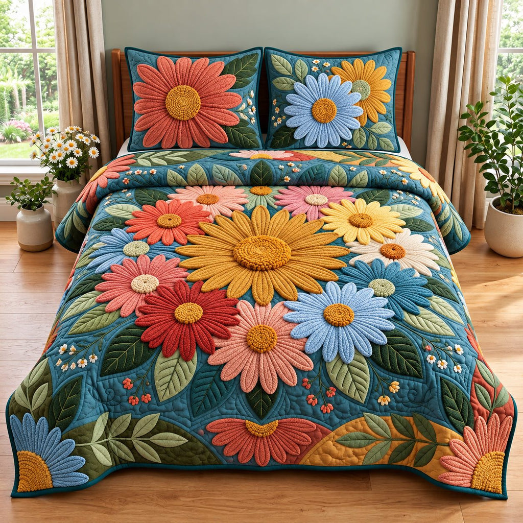 Classic Daisy quilted 3-piece bedding set on a made bed in a farmhouse bedroom