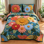 Classic Daisy quilted 3-piece bedding set on a made bed in a farmhouse bedroom
