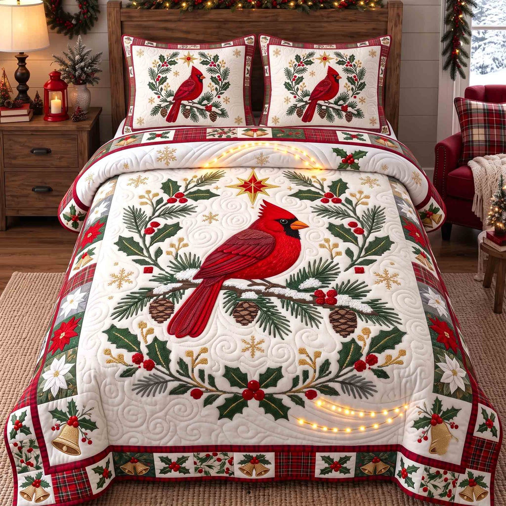Classic Holiday Cardinal quilted 3-piece bedding set on a made bed in a winter-styled bedroom