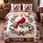 Classic Holiday Cardinal quilted 3-piece bedding set on a made bed in a winter-styled bedroom