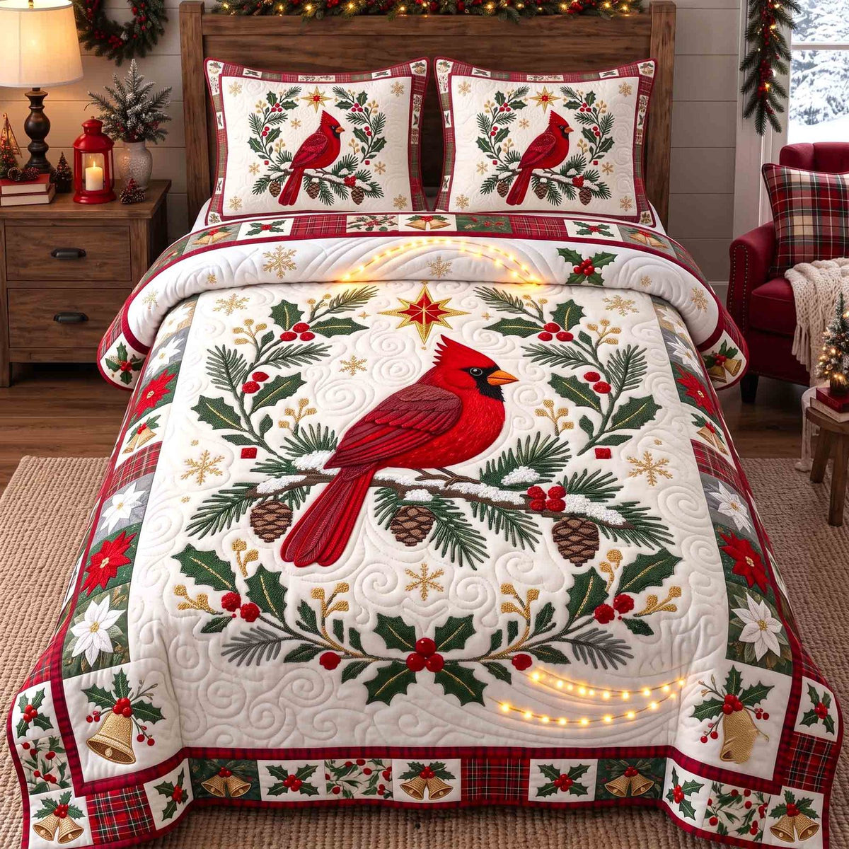 Classic Holiday Cardinal quilted 3-piece bedding set on a made bed in a winter-styled bedroom