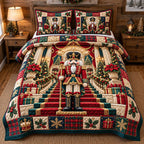 Classic Nutcracker Guard quilted 3-piece bedding set on a made bed in a winter-styled bedroom