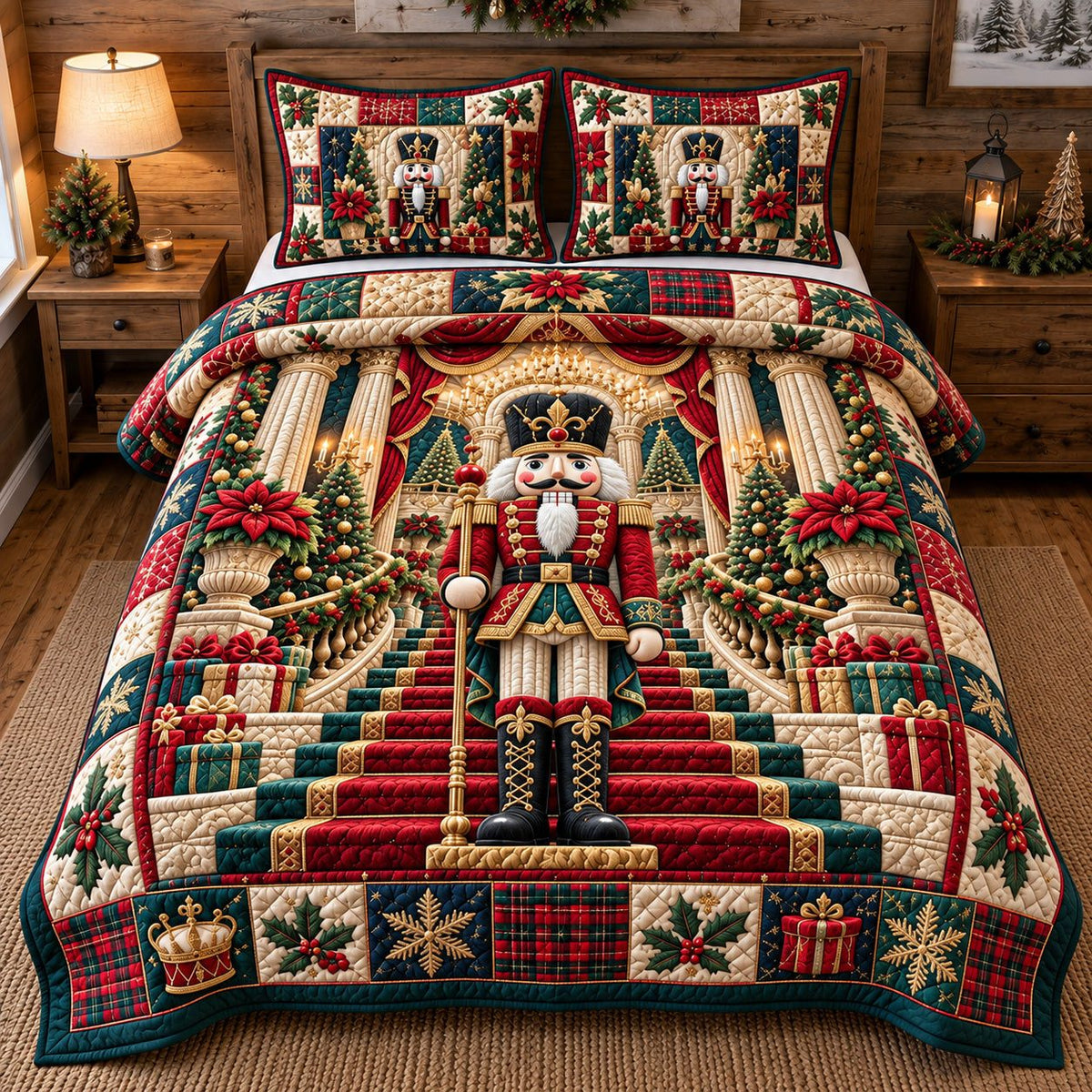 Classic Nutcracker Guard quilted 3-piece bedding set on a made bed in a winter-styled bedroom