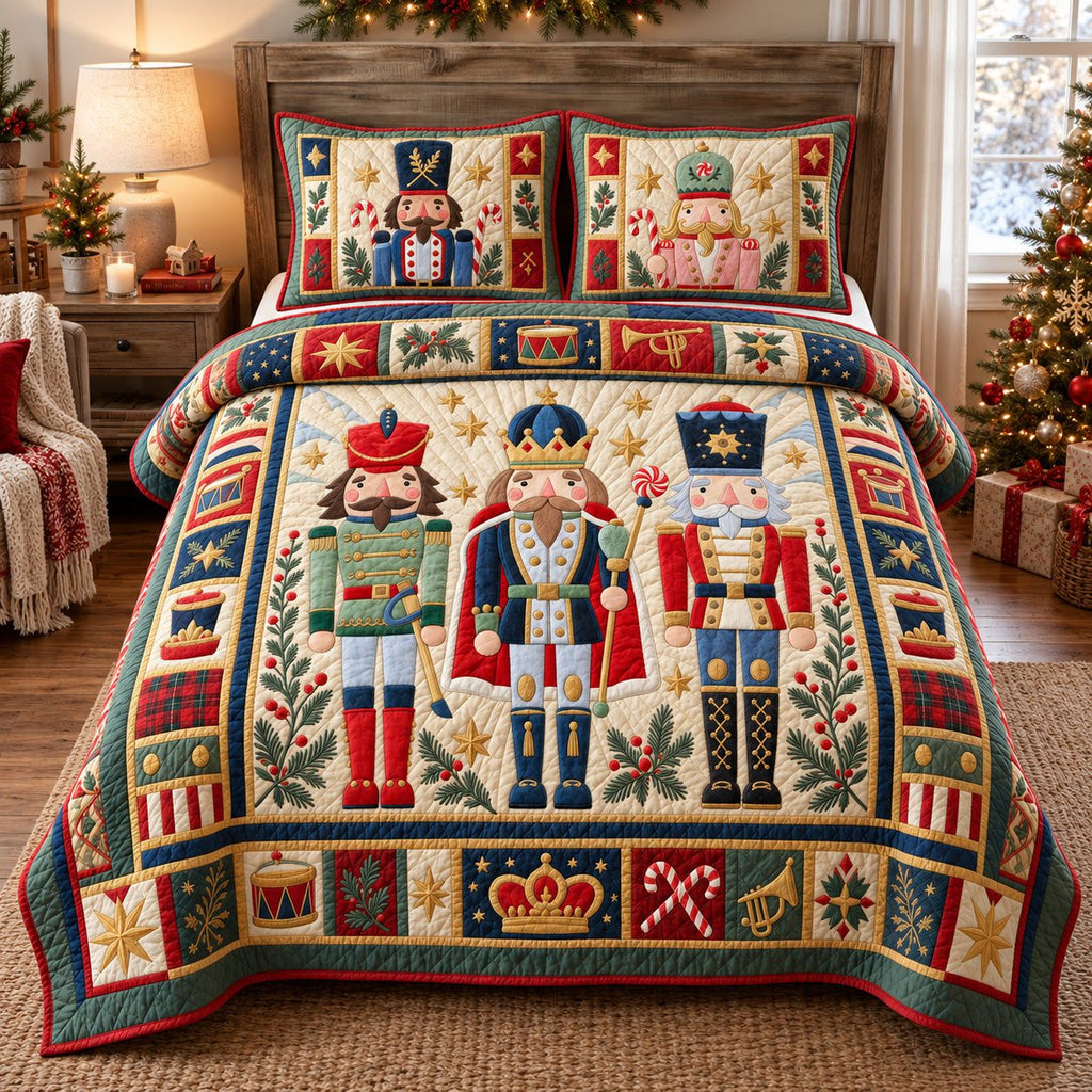 Classic Nutcracker Trio quilted 3-piece bedding set on a made bed in a winter-styled bedroom