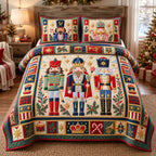 Classic Nutcracker Trio quilted 3-piece bedding set on a made bed in a winter-styled bedroom