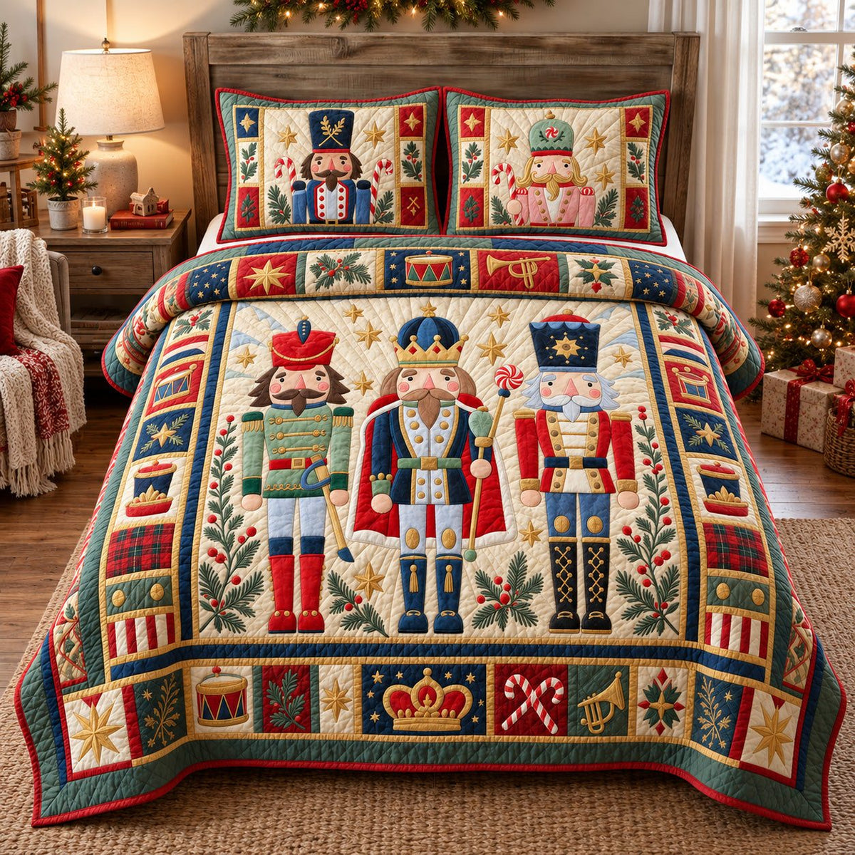Classic Nutcracker Trio quilted 3-piece bedding set on a made bed in a winter-styled bedroom