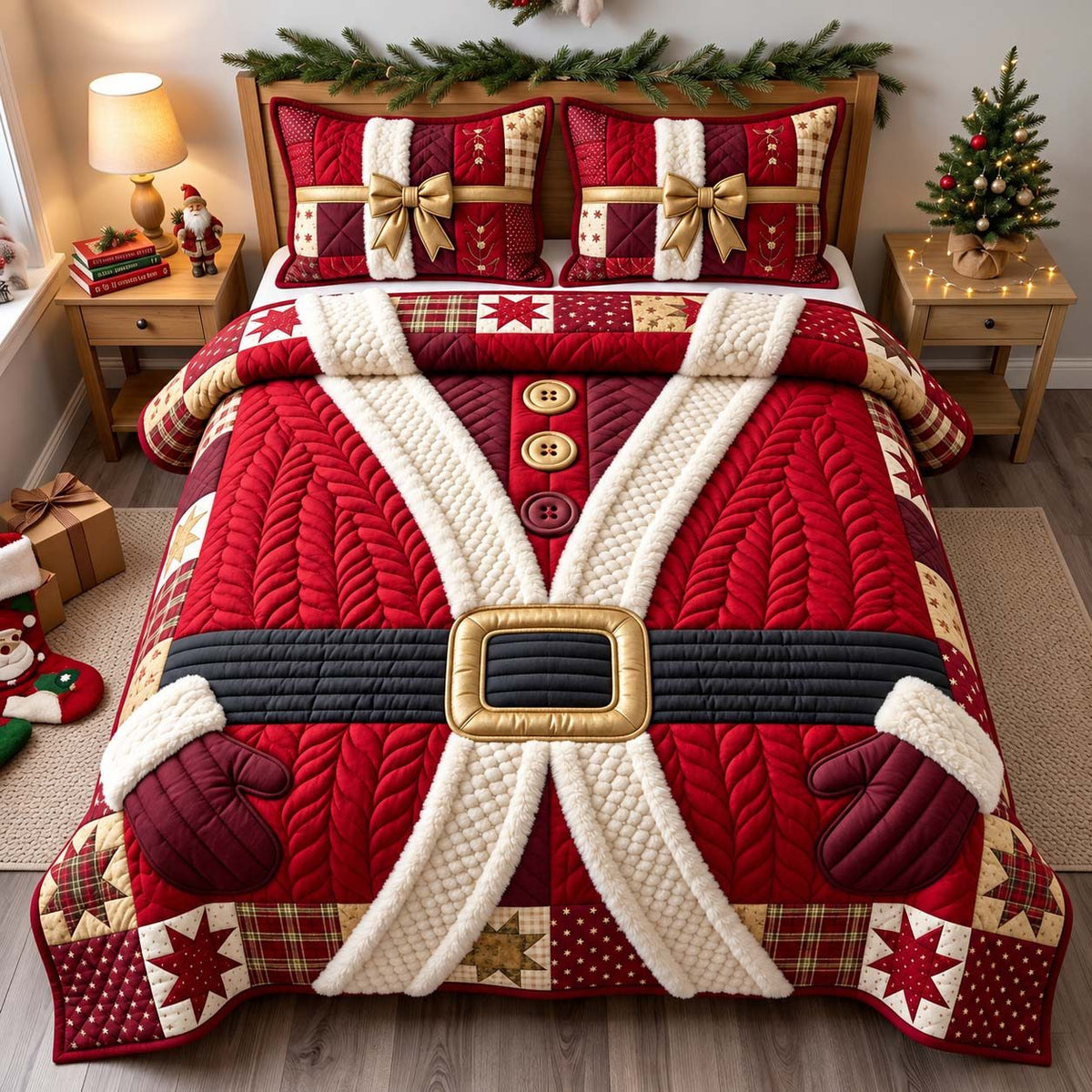 Classic Santa Christmas Coat quilted 3-piece bedding set on a made bed in a winter-styled bedroom