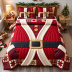 Classic Santa Christmas Coat quilted 3-piece bedding set on a made bed in a winter-styled bedroom