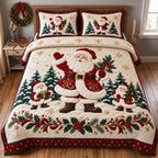 Classic Santa quilted 3-piece bedding set on a made bed in a winter-styled bedroom