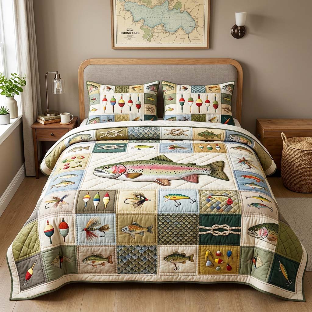 Classic Trout 3-Piece Quilted Bedding Set GFTOQM4689 quilted 3-piece bedding set on a made bed in a farmhouse bedroom