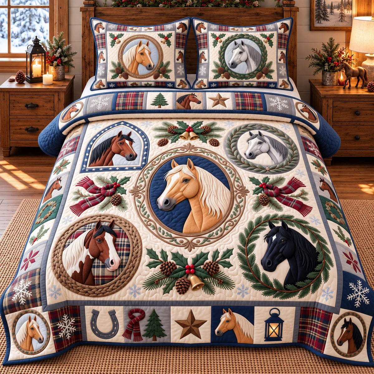Classic Wreath Horses quilted 3-piece bedding set on a made bed in a rustic timber bedroom