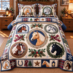 Classic Wreath Horses quilted 3-piece bedding set on a made bed in a rustic timber bedroom