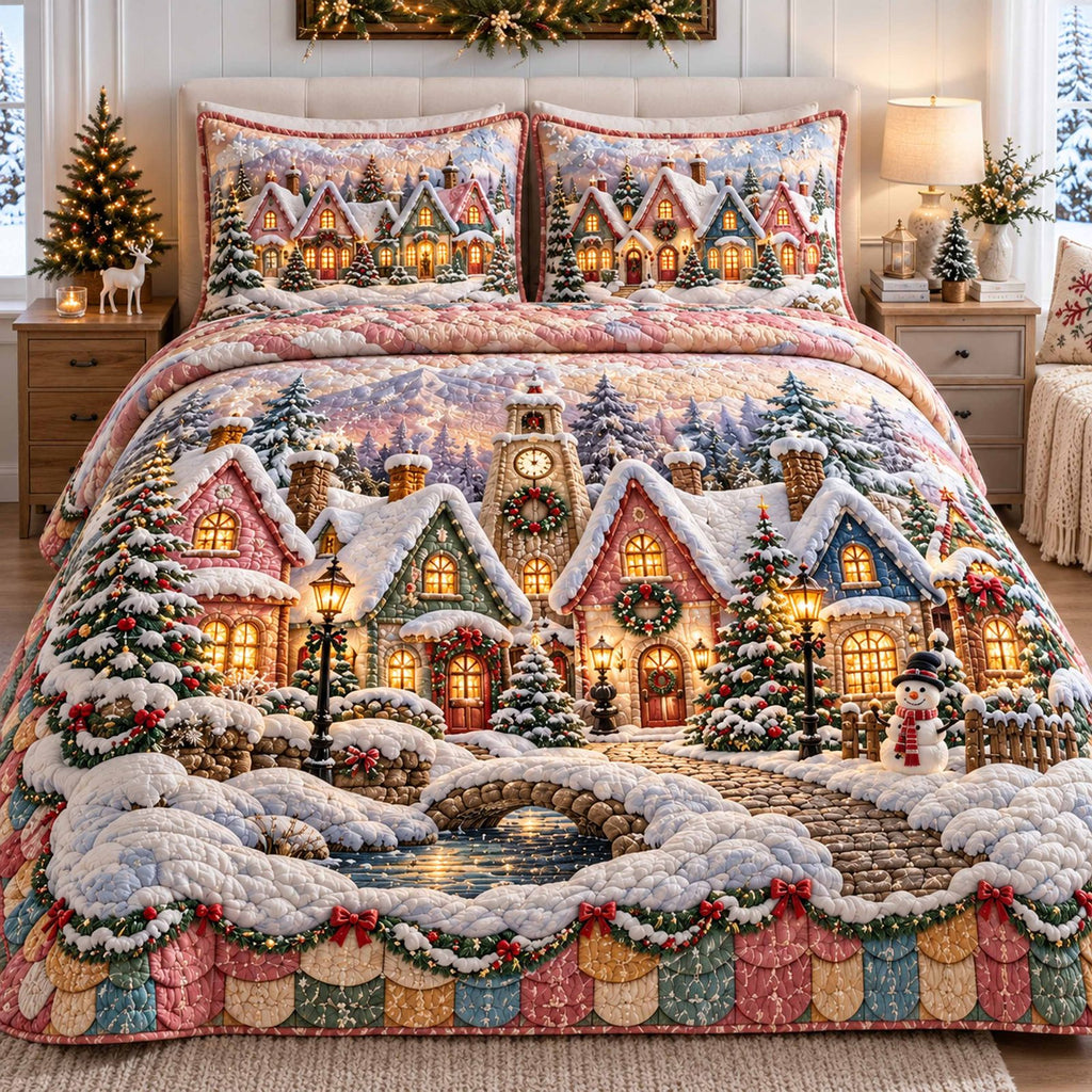 Clock Tower Snowy Christmas Village quilted 3-piece bedding set on a made bed in a winter-styled bedroom