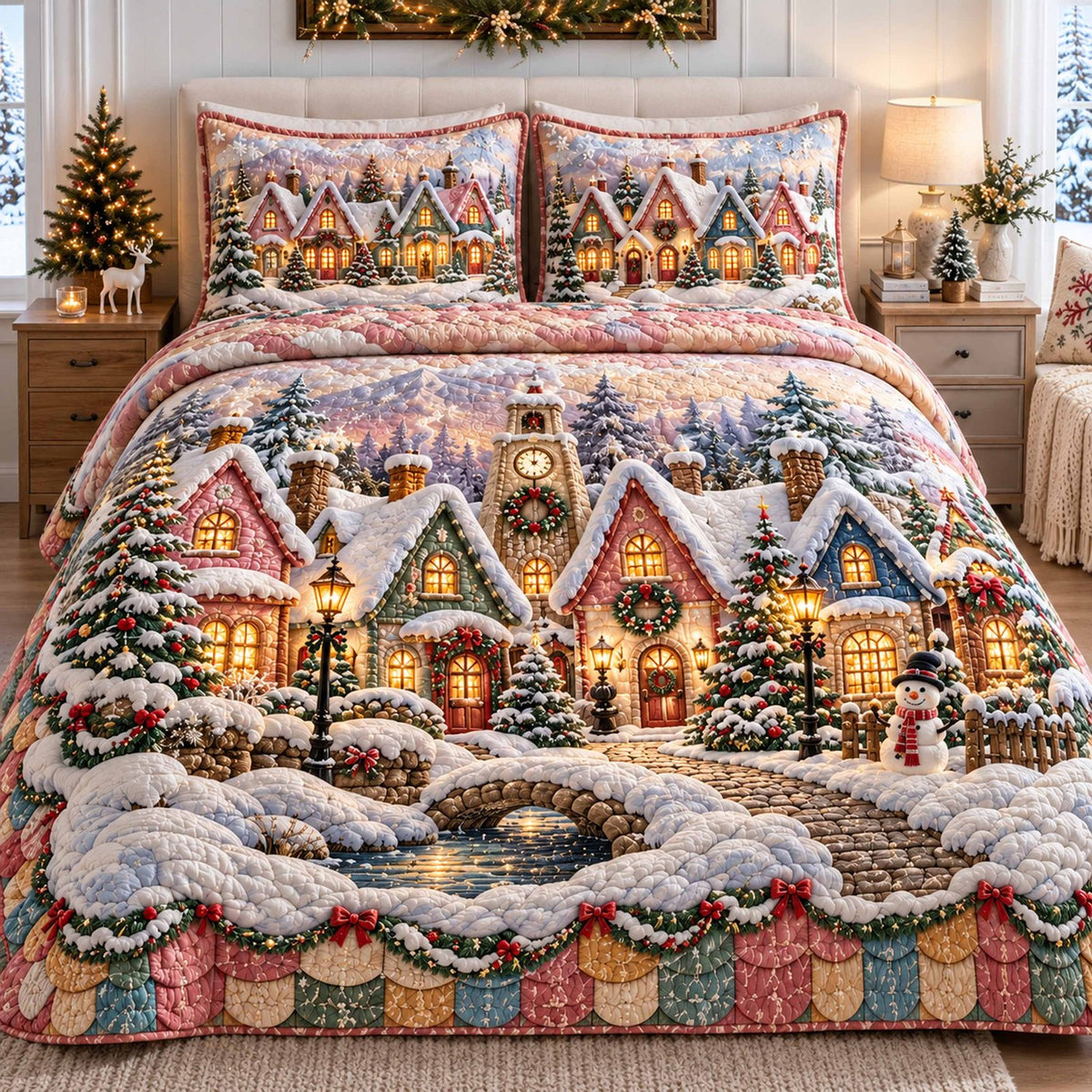 Clock Tower Snowy Christmas Village quilted 3-piece bedding set on a made bed in a winter-styled bedroom