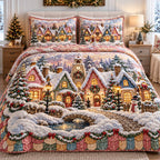 Clock Tower Snowy Christmas Village quilted 3-piece bedding set on a made bed in a winter-styled bedroom